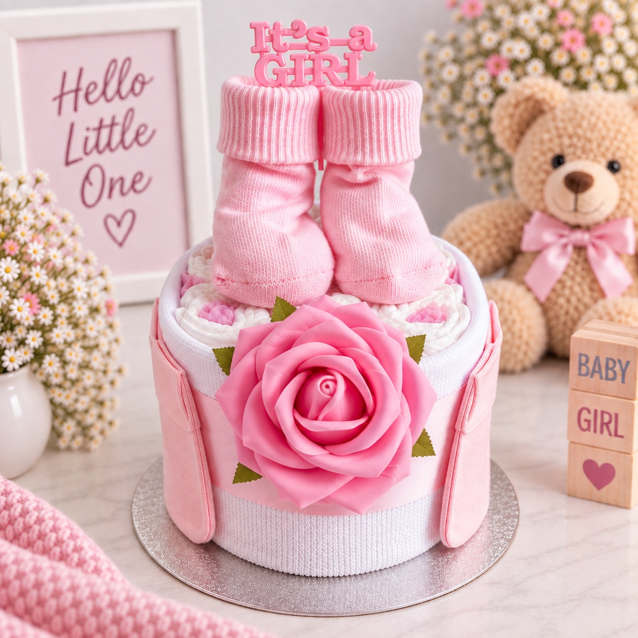 Pink Rose 1 Tier Nappy Cake