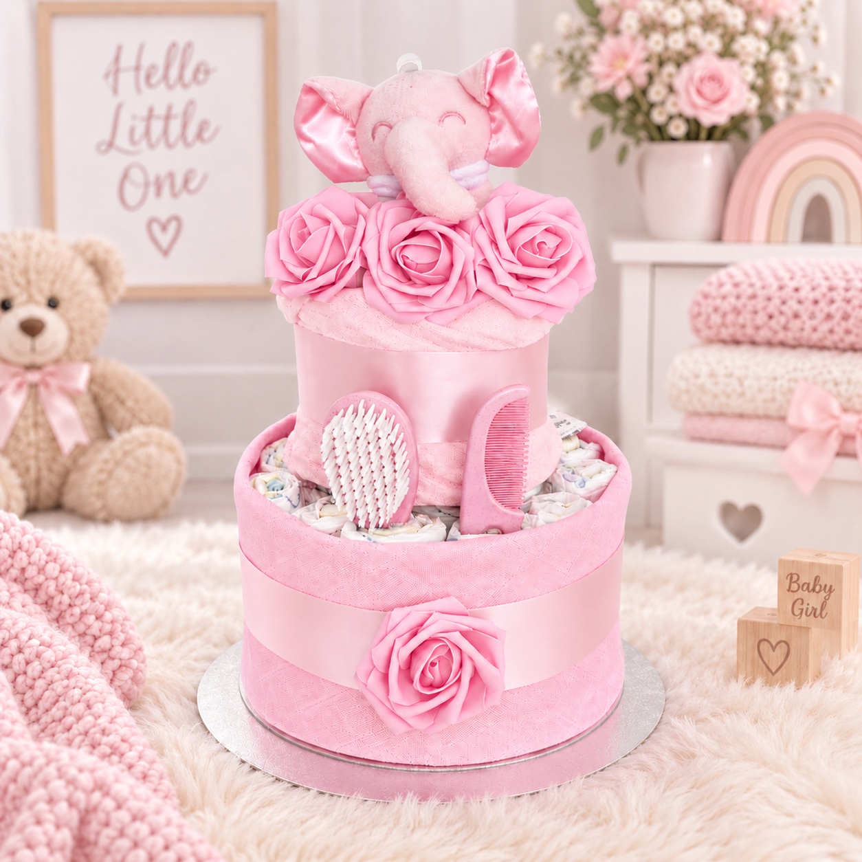 Pink Roses 2 Tier Nappy Cake