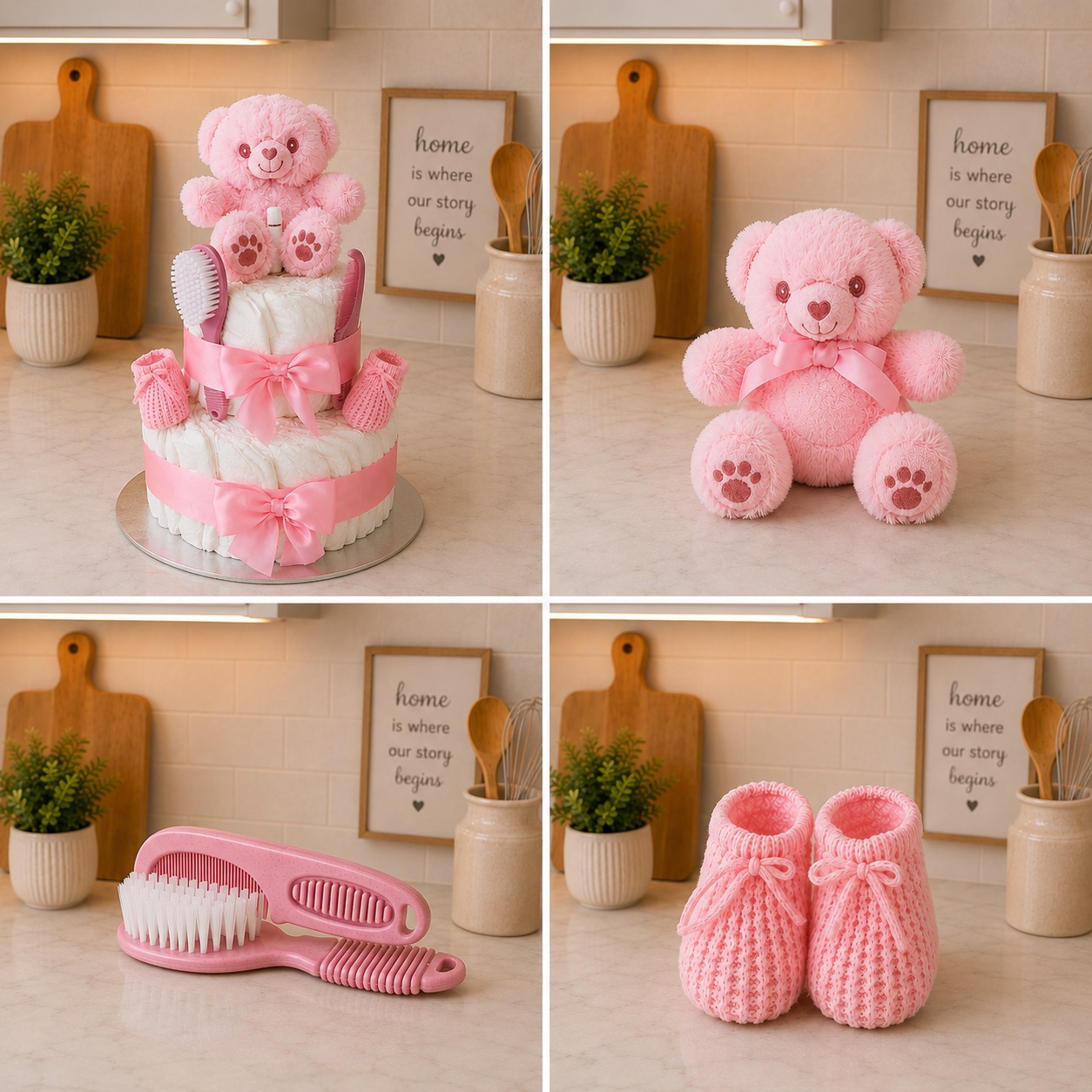 The pink teddy nappy cake and its contents — the cake, plush teddy, brush and comb set and knitted booties