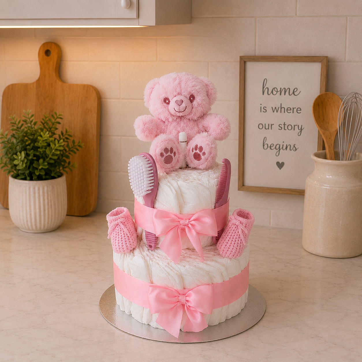 Pink Teddy 2 Tier Nappy Cake