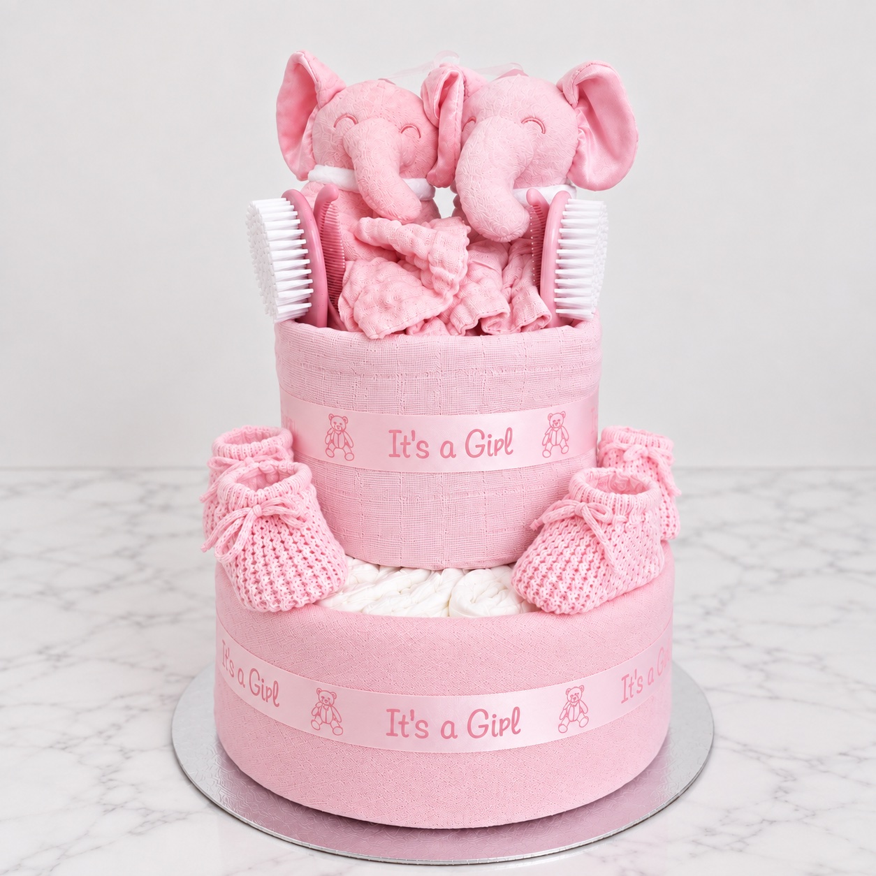 Pink twins two elephant nappy cake