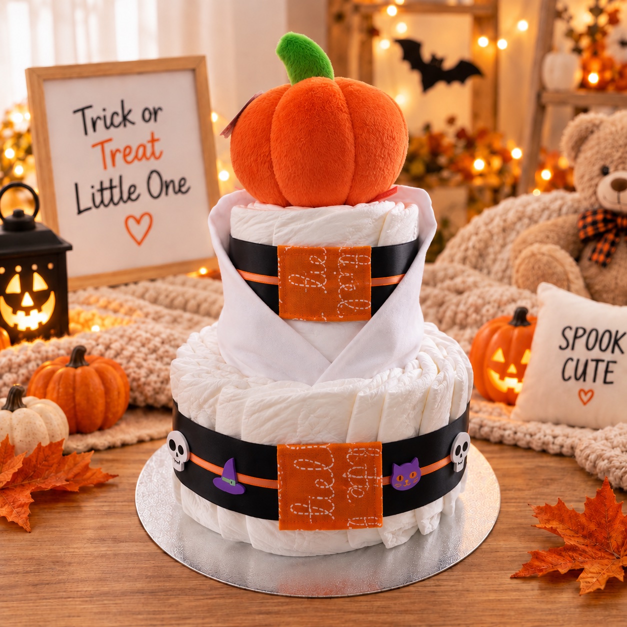 Two-tier Halloween nappy cake with plush pumpkin, black and orange bands and skull, witch hat and cat embellishments
