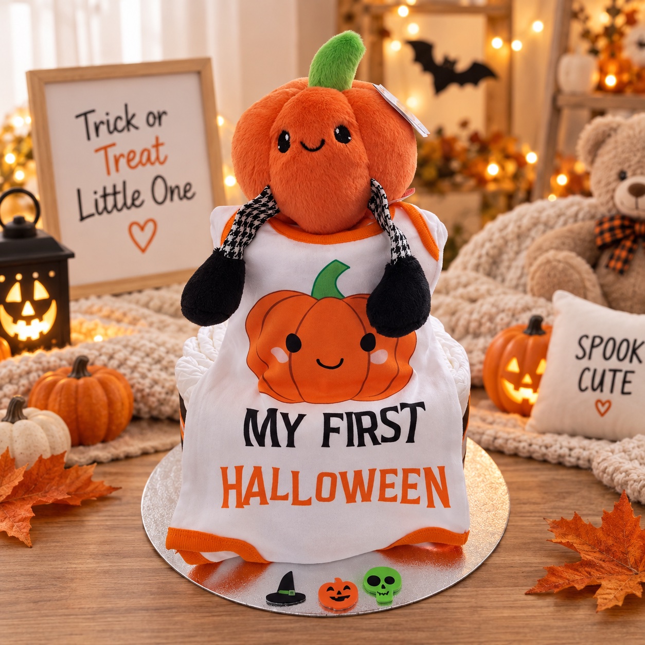 Halloween pumpkin two tier nappy cake with My First Halloween outfit