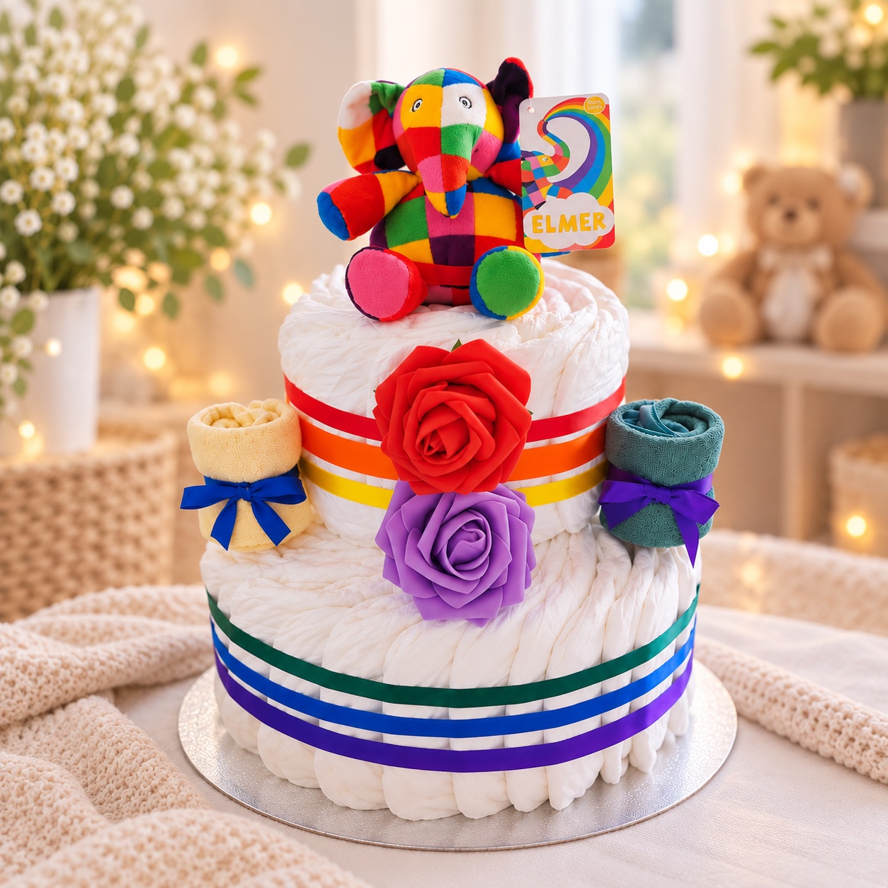 Rainbow elephant nappy cake with roses