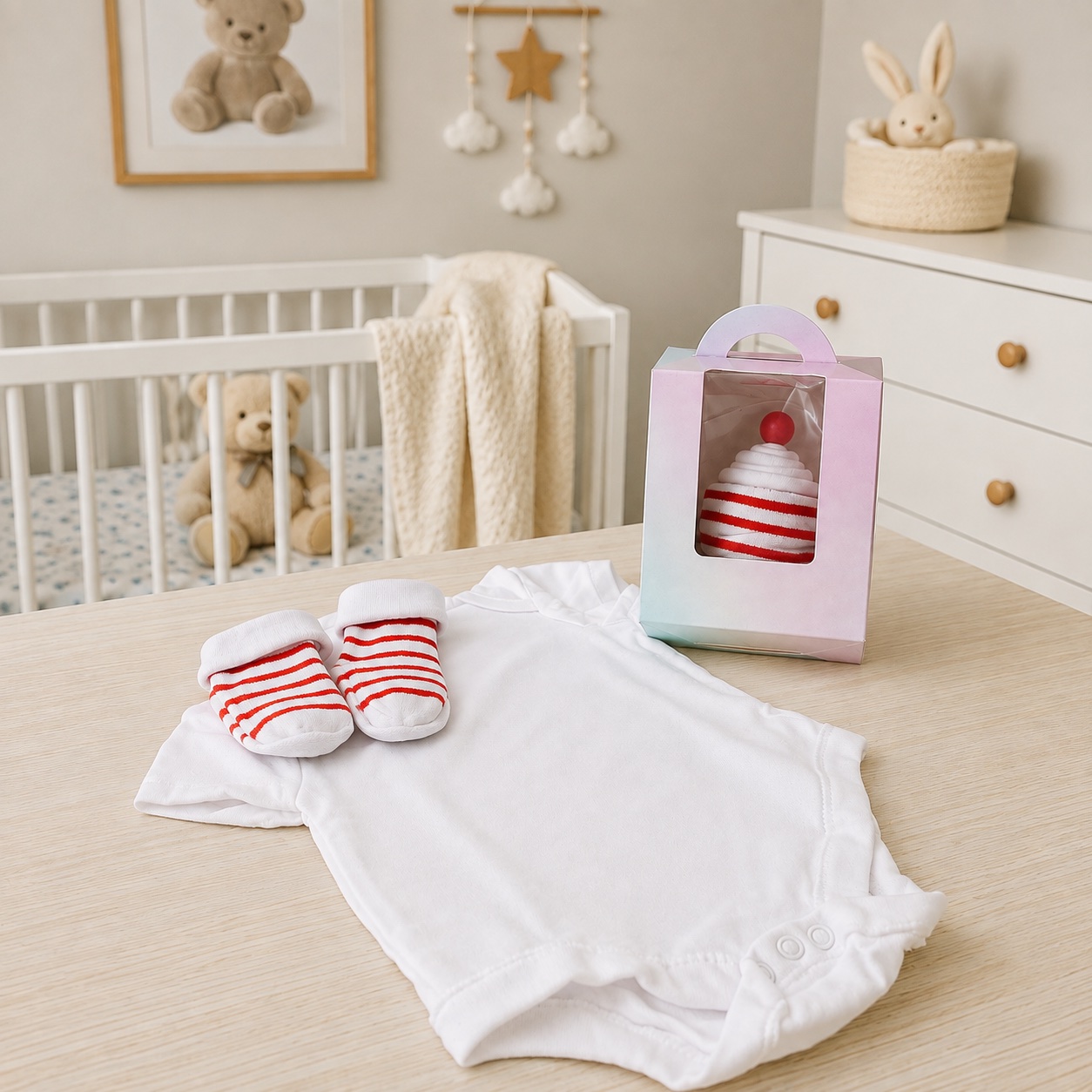 Red baby cupcake gift set — a white bodysuit, red-striped socks and the boxed cupcake
