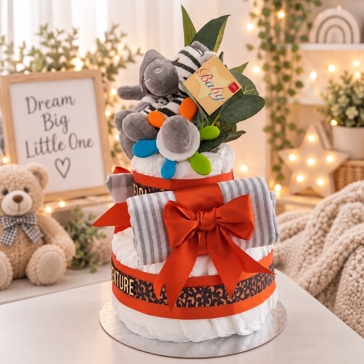 Close-up of the safari nappy cake showing the plush animals, grey striped muslin, orange satin bow and a Baby tag