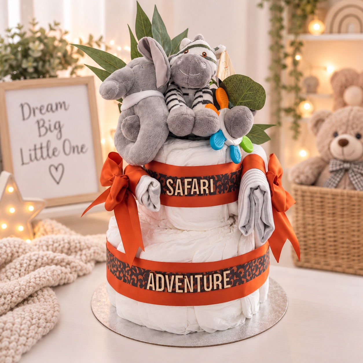 Safari adventure two tier nappy cake with plush elephant and zebra