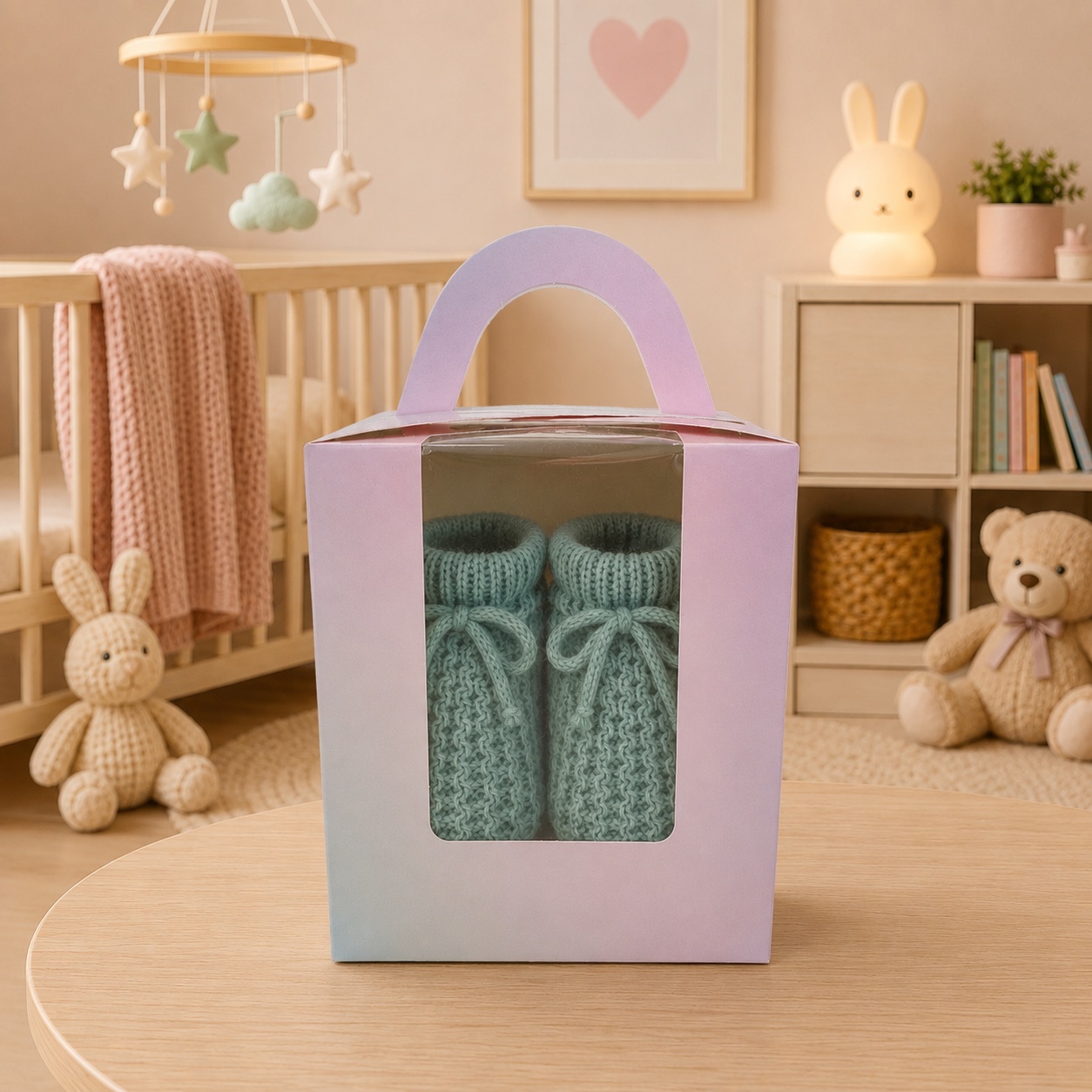 Sage green knitted baby booties styled in a nursery