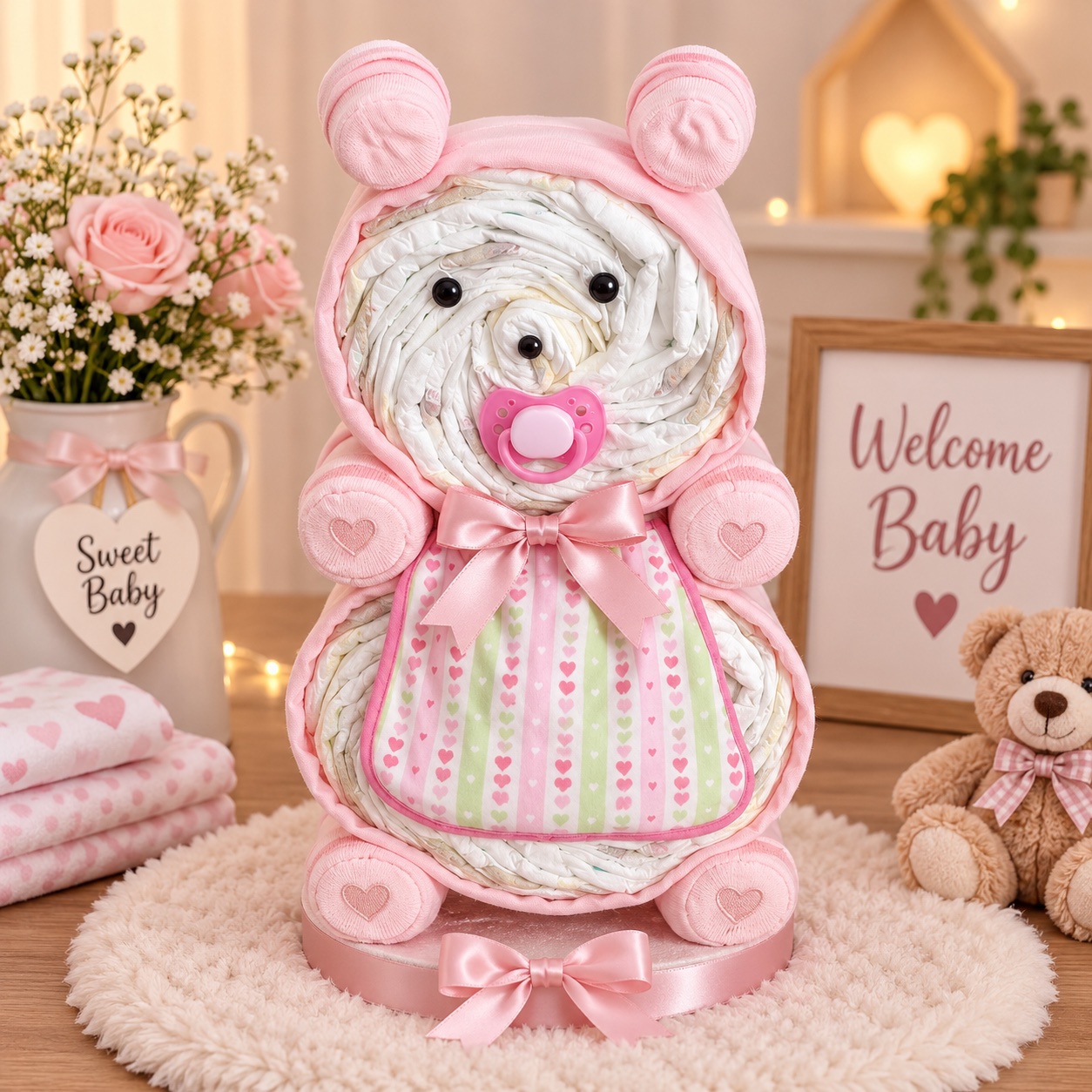 Pink teddy bear shaped nappy cake for a baby girl