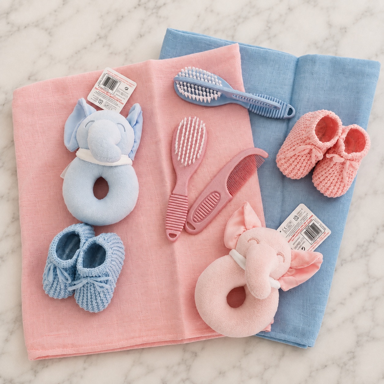 The twins nappy cake contents laid out — pink and blue muslins, elephant rattles, brush and comb sets and knitted booties