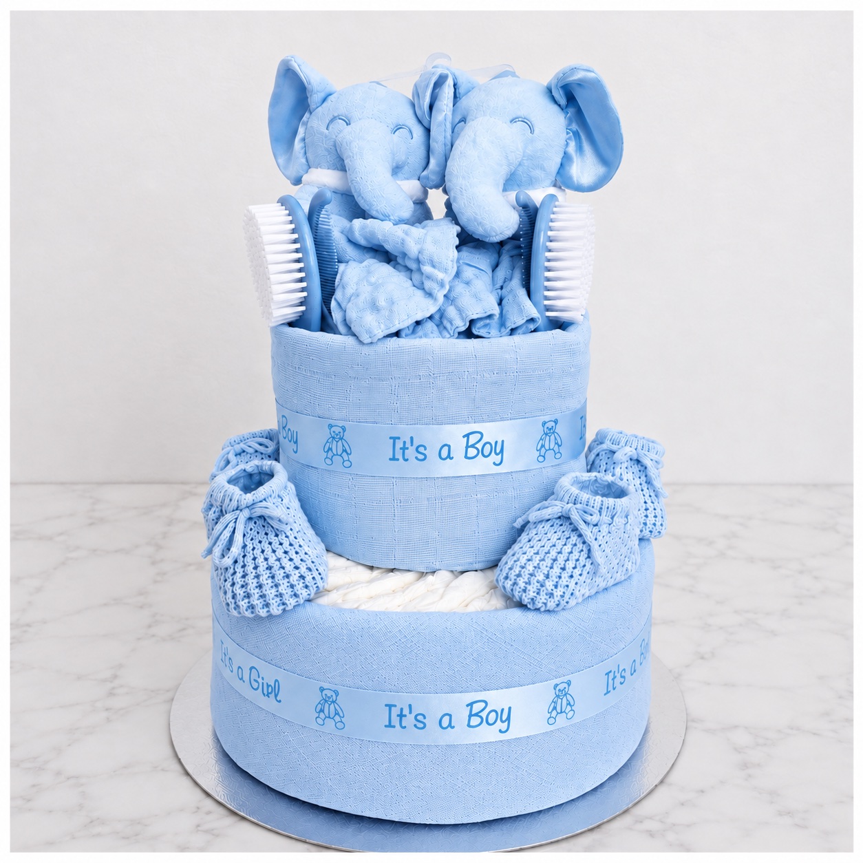 Two baby boys twin blue elephant nappy cake