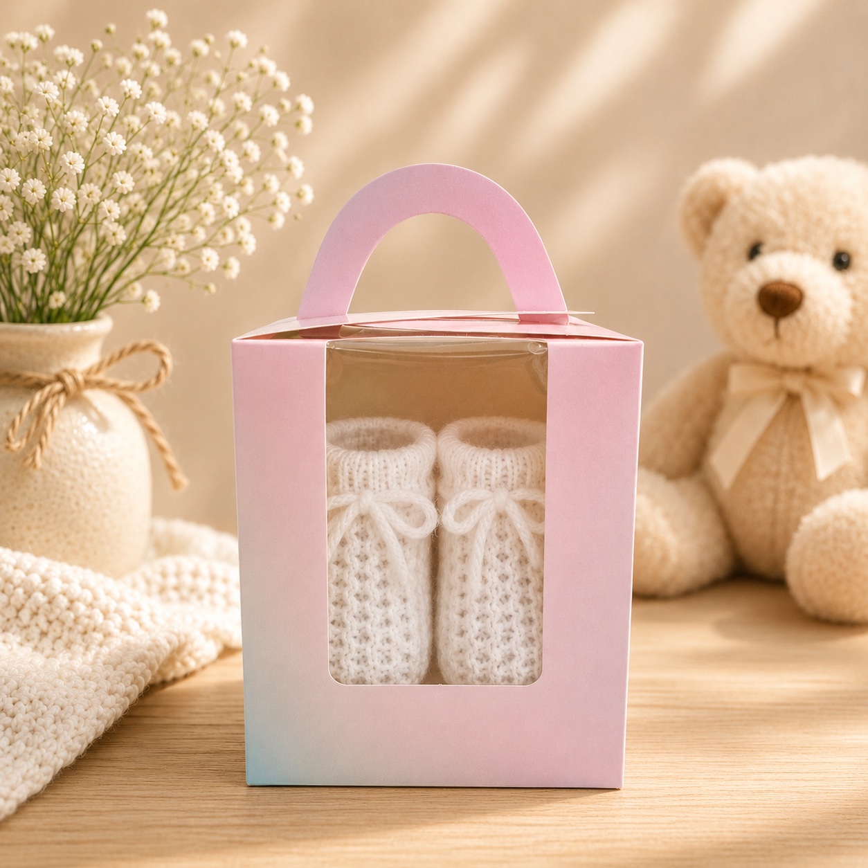 White knitted baby booties presented in a pastel gift box with a clear window and carry handle