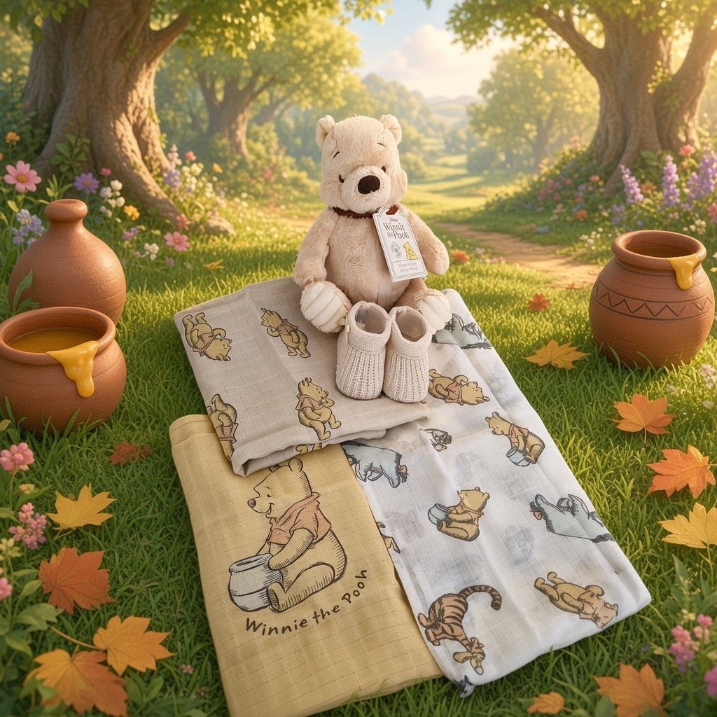 The Winnie the Pooh nappy cake contents — the plush toy, Disney muslin squares and knitted booties