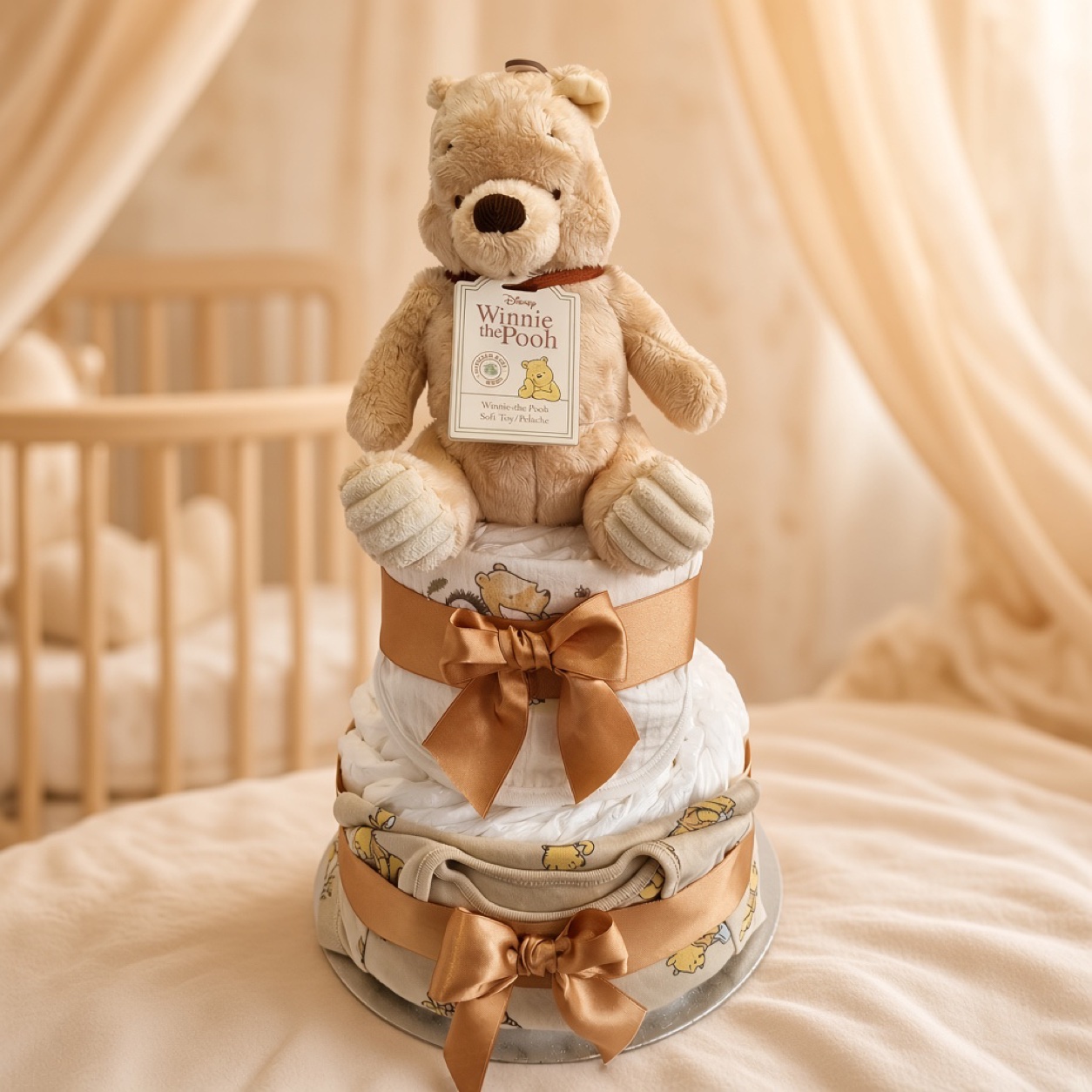 Winnie the Pooh themed baby nappy cake